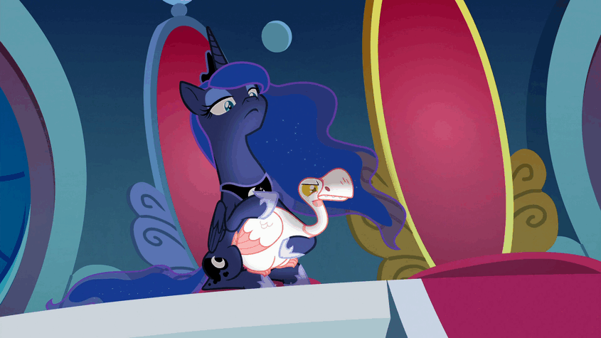 Size: 845x475 | Tagged: safe, screencap, character:princess luna, species:alicorn, species:bird, species:pony, episode:sparkle's seven, g4, my little pony: friendship is magic, animal, animated, animation error, badass, duo, ethereal mane, female, galaxy mane, gif, goose, lidded eyes, luna petting goose, mare, pathetic, petting, sinister, solo, stroking, throne, traitor