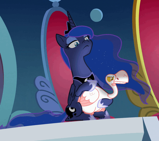 Size: 535x475 | Tagged: safe, screencap, character:princess luna, species:alicorn, species:bird, species:pony, episode:sparkle's seven, g4, my little pony: friendship is magic, animal, animated, animation error, duo, ethereal mane, female, galaxy mane, gif, goose, lidded eyes, luna petting goose, mare, pathetic, petting, sinister, solo, stroking, throne, traitor