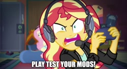 Size: 888x485 | Tagged: safe, screencap, character:fluttershy, character:sunset shimmer, episode:game stream, g4, my little pony:equestria girls, alchestbreach, fallout, fallout: new vegas, game mod, gamer sunset, gamershy, meme, rageset shimmer, sunset gamer, sunset shimmer frustrated at game, sunset's apartment, video game
