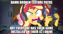 Size: 888x483 | Tagged: safe, screencap, character:fluttershy, character:sunset shimmer, episode:game stream, g4, my little pony:equestria girls, alchestbreach, fallout, fallout: new vegas, game mod, gamer sunset, gamershy, meme, rageset shimmer, sunset gamer, sunset shimmer frustrated at game, sunset's apartment, video game