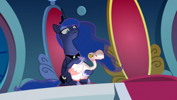 Size: 1920x1080 | Tagged: safe, screencap, character:princess luna, species:alicorn, species:bird, species:pony, episode:sparkle's seven, g4, my little pony: friendship is magic, animal, duo, epic, ethereal mane, female, galaxy mane, goose, hoof shoes, lidded eyes, luna petting goose, mare, petting, solo, throne, traitor