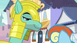 Size: 1920x1080 | Tagged: safe, screencap, character:rainbow dash, character:zephyr breeze, species:pegasus, species:pony, episode:sparkle's seven, g4, my little pony: friendship is magic, animated, bedroom eyes, clothing, dress, female, frown, lidded eyes, male, man bun, mare, megaradash, raised hoof, royal guard, royal guard armor, royal guard zephyr breeze, smiling, sound, stallion, webm