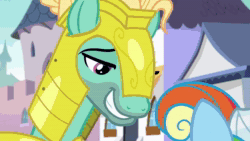 Size: 1920x1080 | Tagged: safe, screencap, character:rainbow dash, character:zephyr breeze, species:pegasus, species:pony, episode:sparkle's seven, g4, my little pony: friendship is magic, animated, bedroom eyes, bleh, clothing, dress, female, frown, lidded eyes, male, man bun, mare, megaradash, rainbow dash always dresses in style, raised hoof, royal guard, royal guard armor, royal guard zephyr breeze, smiling, sound, stallion, webm