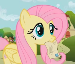 Size: 777x672 | Tagged: safe, screencap, character:fluttershy, species:pony, episode:putting your hoof down, g4, my little pony: friendship is magic, cute, mail, mouth hold, shyabetes, solo