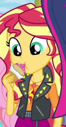 Size: 297x565 | Tagged: safe, screencap, character:sunset shimmer, character:twilight sparkle, character:twilight sparkle (scitwi), species:eqg human, my little pony:equestria girls, cupcake, cute, eating, food, shimmerbetes, solo focus