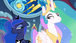 Size: 1920x1080 | Tagged: safe, screencap, character:princess celestia, character:princess luna, species:alicorn, species:pony, episode:sparkle's seven, g4, my little pony: friendship is magic, annoyed, canterlot castle, canterlot throne room, celestia is not amused, crown, discovery family logo, duo, ethereal mane, faec, female, frown, galaxy mane, grumpy, grumpy celestia, grumpy luna, jewelry, lidded eyes, looking at each other, looking sideways, luna is not amused, mare, narrowed eyes, not amused face, raised eyebrow, regalia, royal sisters, sisters, stained glass, this will end in tears and/or a journey to the moon, throne