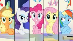 Size: 1920x1080 | Tagged: safe, screencap, character:applejack, character:fluttershy, character:pinkie pie, character:rainbow dash, character:rarity, species:earth pony, species:pegasus, species:pony, species:unicorn, episode:sparkle's seven, g4, my little pony: friendship is magic, book, crossed arms, cutie map, discovery family logo, friendship throne, smiling, smirk