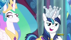 Size: 1920x1080 | Tagged: safe, screencap, character:princess celestia, character:shining armor, species:pony, episode:sparkle's seven, g4, my little pony: friendship is magic, crown, duckface, hard-won helm of the sibling supreme, paper crown, pouting, raised eyebrow