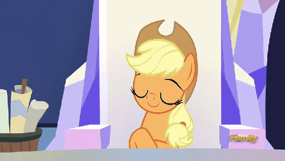Size: 564x320 | Tagged: safe, screencap, character:applejack, species:pony, episode:sparkle's seven, g4, my little pony: friendship is magic, animated, discovery family, discovery family logo, gif, liarjack, looking sideways, needs more jpeg, nervous, shifty eyes, solo, twilight's castle