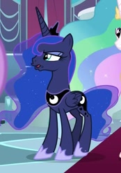 Size: 571x819 | Tagged: safe, screencap, character:princess celestia, character:princess luna, species:alicorn, species:pony, episode:sparkle's seven, g4, my little pony: friendship is magic, cropped, drool, female, flehmen response, horses doing horse things, jewelry, luna is not amused, offscreen character, regalia, unamused, wings