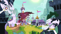 Size: 1366x768 | Tagged: safe, screencap, species:bird, episode:sparkle's seven, g4, my little pony: friendship is magic, canterlot castle, fans, flying, guard, outdoors, robin, sun, wind