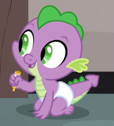Size: 825x908 | Tagged: safe, screencap, character:spike, species:dragon, episode:sparkle's seven, g4, my little pony: friendship is magic, adorable face, baby, baby dragon, baby spike, claws, cropped, cute, dawwww, diaper, male, marker, open mouth, sitting, smiling, solo, spikabetes, tail