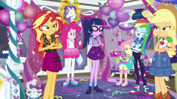 Size: 1920x1080 | Tagged: safe, screencap, character:applejack, character:fluttershy, character:opalescence, character:pinkie pie, character:rainbow dash, character:spike, character:spike (dog), character:sunset shimmer, character:twilight sparkle, character:twilight sparkle (scitwi), species:dog, species:eqg human, species:pony, species:unicorn, episode:fomo, g4, my little pony:equestria girls, balloon, clothing, converse, crossed arms, female, geode of empathy, geode of sugar bombs, geode of super strength, geode of telekinesis, looking at you, magical geodes, male, party, ponytail, rarity's bedroom, shoes, smiling, sneakers