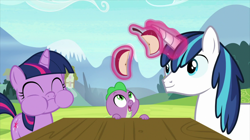 Size: 2100x1178 | Tagged: safe, screencap, character:shining armor, character:spike, character:twilight sparkle, species:dragon, species:pony, species:unicorn, episode:sparkle's seven, g4, my little pony: friendship is magic, apple, aweeg*, baby, baby dragon, baby spike, cute, dawwww, eating, eyes closed, female, filly, filly twilight sparkle, flashback, foal, food, magic, magic aura, male, sparkle siblings, teen shining armor, teenager, telekinesis, trio, younger