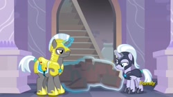 Size: 1920x1080 | Tagged: safe, screencap, character:silver sable, species:pony, species:unicorn, episode:sparkle's seven, g4, my little pony: friendship is magic, armor, background pony, brick, duo, female, glowing horn, guardsmare, helmet, hoof shoes, horn, levitation, magic, magic aura, male, mare, night guard, night guard armor, royal guard, royal guard armor, saddle, stallion, tack, tail wrap, telekinesis, unicorn royal guard