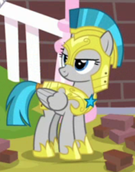 Size: 400x509 | Tagged: safe, screencap, character:windstorm, species:pegasus, species:pony, episode:sparkle's seven, g4, my little pony: friendship is magic, armor, background pony, brick, cropped, female, grin, guardsmare, helmet, hoof shoes, mare, pegasus royal guard, royal guard, royal guard armor, smiling, solemn canterlot marshal, solo