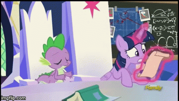 Size: 360x203 | Tagged: safe, screencap, character:spike, character:twilight sparkle, character:twilight sparkle (alicorn), species:alicorn, species:dragon, species:pony, episode:sparkle's seven, g4, my little pony: friendship is magic, animated, chalkboard, discovery family logo, friendship throne, frustration, gif, glowing horn, imgflip, magic, oh come on, reading a letter, telekinesis, winged spike