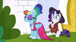 Size: 1366x768 | Tagged: safe, screencap, character:rainbow dash, character:rarity, species:pony, episode:sparkle's seven, g4, my little pony: friendship is magic, alternate hairstyle, clothing, detective rarity, dress, eyes closed, megaradash, rainbow dash always dresses in style, smiling