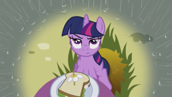 Size: 639x360 | Tagged: safe, screencap, character:twilight sparkle, character:twilight sparkle (unicorn), species:pony, species:unicorn, episode:the ticket master, g4, my little pony: friendship is magic, food, sandwich, solo, twilight is not amused, unamused