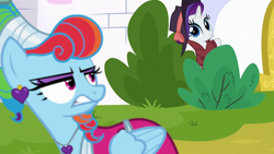 Size: 1920x1080 | Tagged: safe, screencap, character:rainbow dash, character:rarity, species:pony, episode:sparkle's seven, g4, my little pony: friendship is magic, bush, duckface, gritted teeth, megaradash, rainbow dash always dresses in style