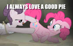 Size: 1200x753 | Tagged: safe, screencap, character:pinkie pie, character:sugar belle, species:earth pony, species:pony, species:unicorn, episode:the cutie map, g4, my little pony: friendship is magic, butt touch, caption, image macro, meme, personal space invasion, pun, text