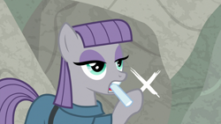 Size: 1920x1080 | Tagged: safe, screencap, character:maud pie, species:earth pony, species:pony, episode:sparkle's seven, g4, my little pony: friendship is magic, bakusai tenketsu, chalk, discovery family logo, female, mare, mouth hold, rock, solo, x, x gon'give it to ya, x marks the spot (directions)
