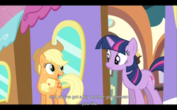 Size: 960x600 | Tagged: safe, screencap, character:applejack, character:twilight sparkle, species:earth pony, species:pony, species:unicorn, 1984, duo, duo female, female, mare, train, youtube caption