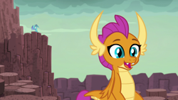 Size: 1920x1080 | Tagged: safe, screencap, character:princess ember, character:smolder, species:dragon, episode:uprooted, g4, my little pony: friendship is magic, cheerful, cute, dragon lands, dragoness, fangs, female, folded wings, observer, smiling, smolderbetes, solo focus, wings
