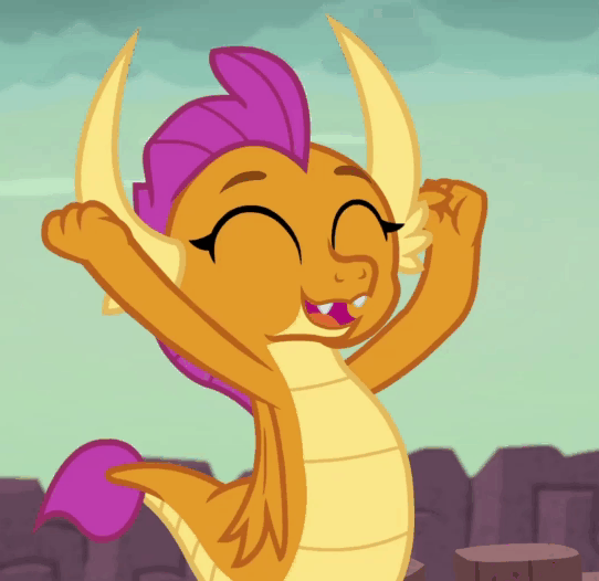 Size: 542x526 | Tagged: safe, screencap, character:smolder, species:dragon, episode:uprooted, g4, my little pony: friendship is magic, animated, cheerful, cheering, clenched fist, cropped, cute, dragon lands, dragoness, eyes closed, fangs, female, folded wings, gif, happy, horns, laughing, open mouth, smolderbetes, solo, teenaged dragon, teenager, victory, wings