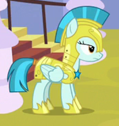 Size: 343x365 | Tagged: safe, screencap, character:guardian angel, species:pegasus, species:pony, episode:sparkle's seven, g4, my little pony: friendship is magic, background pony, cropped, female, guardsmare, helmet, hoof shoes, lidded eyes, mare, pegasus royal guard, royal guard, royal guard armor, solo