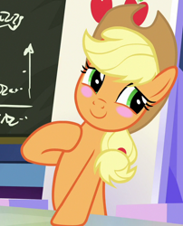 Size: 578x714 | Tagged: safe, screencap, character:applejack, species:earth pony, species:pony, episode:sparkle's seven, g4, my little pony: friendship is magic, appleblush, applejack's hat, blushing, chalkboard, clothing, cowboy hat, cute, female, friendship throne, hat, jackabetes, mare