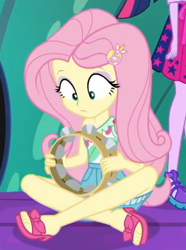 Size: 2100x2817 | Tagged: safe, screencap, character:fluttershy, character:twilight sparkle, character:twilight sparkle (scitwi), species:eqg human, equestria girls:spring breakdown, g4, my little pony:equestria girls, cropped, crossed legs, feet, musical instrument, sandals, tambourine