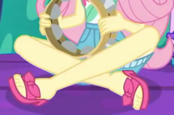 Size: 2100x1392 | Tagged: safe, screencap, character:fluttershy, equestria girls:spring breakdown, g4, my little pony:equestria girls, cropped, feet, legs, musical instrument, pictures of legs, sandals, tambourine