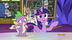 Size: 1920x1080 | Tagged: safe, screencap, character:spike, character:twilight sparkle, character:twilight sparkle (alicorn), species:alicorn, species:dragon, species:pony, episode:sparkle's seven, g4, my little pony: friendship is magic, chalkboard, winged spike