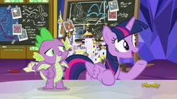 Size: 1920x1080 | Tagged: safe, screencap, character:spike, character:twilight sparkle, character:twilight sparkle (alicorn), species:alicorn, species:dragon, species:pony, episode:sparkle's seven, g4, my little pony: friendship is magic, chalkboard, winged spike