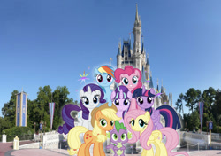 Size: 666x469 | Tagged: safe, editor:undeadponysoldier, screencap, character:applejack, character:fluttershy, character:pinkie pie, character:rainbow dash, character:rarity, character:spike, character:starlight glimmer, character:twilight sparkle, character:twilight sparkle (alicorn), species:alicorn, species:pony, amusement park, castle, disney, disney world, family photo, florida, irl, magic kingdom, mane eight, mane seven, mane six, orlando, photo, ponies in real life, theme park, vacation