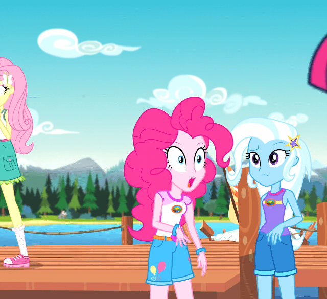 Size: 640x585 | Tagged: safe, screencap, character:fluttershy, character:pinkie pie, character:trixie, character:twilight sparkle, character:twilight sparkle (scitwi), species:eqg human, equestria girls:legend of everfree, g4, my little pony:equestria girls, animated, camp everfree outfits, gif, pier