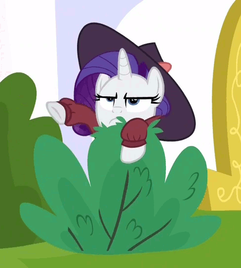 Size: 488x542 | Tagged: safe, screencap, character:rarity, species:pony, species:unicorn, episode:sparkle's seven, g4, my little pony: friendship is magic, animated, bush, bushicorn, clothing, cropped, detective rarity, female, gif, hat, lurking, mare, perfect loop, serious, serious face, solo, waving