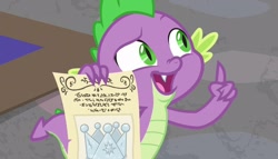 Size: 1260x720 | Tagged: safe, screencap, character:spike, species:dragon, episode:sparkle's seven, g4, my little pony: friendship is magic, baby, baby dragon, claws, crown, fangs, hard-won helm of the sibling supreme, male, pointing, raised eyebrow, solo, tail, winged spike