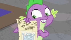 Size: 1280x720 | Tagged: safe, screencap, character:spike, species:dragon, episode:sparkle's seven, g4, my little pony: friendship is magic, claws, crown, hard-won helm of the sibling supreme, jewelry, male, regalia, smiling, tail, winged spike, written equestrian