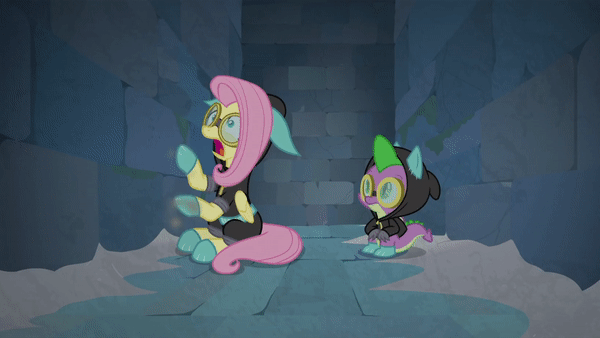 Size: 600x338 | Tagged: safe, screencap, character:fluttershy, character:spike, species:dragon, episode:sparkle's seven, g4, my little pony: friendship is magic, season 9, animated, bunny ears, claustrophobia, clothing, costume, dangerous mission outfit, duo, flutterspy, goggles, hoodie, panic attack, panicking, winged spike