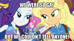 Size: 700x394 | Tagged: safe, screencap, character:applejack, character:pinkie pie, character:rainbow dash, character:rarity, ship:rarijack, equestria girls:rollercoaster of friendship, g4, my little pony:equestria girls, caption, clothing, cowboy hat, cute, drums, female, guitar, hat, huckleberry hound, image macro, keytar, lesbian, lidded eyes, microphone, musical instrument, ponied up, shipping, shipping fuel, stetson, super ponied up, text, the simpsons
