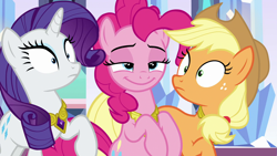 Size: 1920x1080 | Tagged: safe, screencap, character:applejack, character:pinkie pie, character:rarity, species:pony, episode:the beginning of the end, g4, my little pony: friendship is magic, crystal empire, element of generosity, element of honesty, element of laughter, shrunken pupils