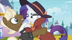 Size: 841x474 | Tagged: safe, screencap, character:beaude mane, character:rarity, species:pony, episode:sparkle's seven, g4, my little pony: friendship is magic, canterlot, detective rarity, discovery family logo, hoof hold, pointing