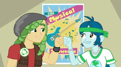 Size: 1280x714 | Tagged: safe, screencap, character:captain planet, character:sandalwood, equestria girls:rainbow rocks, g4, my little pony:equestria girls, background human, better than ever, brofist, clothing, fist bump, male, smiling