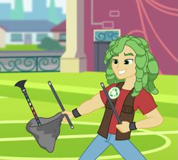 Size: 663x597 | Tagged: safe, screencap, character:sandalwood, episode:all's fair in love & friendship games, g4, my little pony:equestria girls, clothing, cropped, musical instrument, pants, smiling