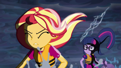 Size: 1920x1080 | Tagged: safe, screencap, character:sunset shimmer, character:twilight sparkle, character:twilight sparkle (scitwi), species:eqg human, equestria girls:spring breakdown, g4, my little pony:equestria girls, eyes closed, female, lifejacket, lightning, majestic, ponytail