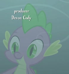 Size: 665x718 | Tagged: safe, screencap, character:spike, species:dragon, episode:uprooted, g4, my little pony: friendship is magic, credits, devon cody, male, reflection, smiling, solo, text, winged spike