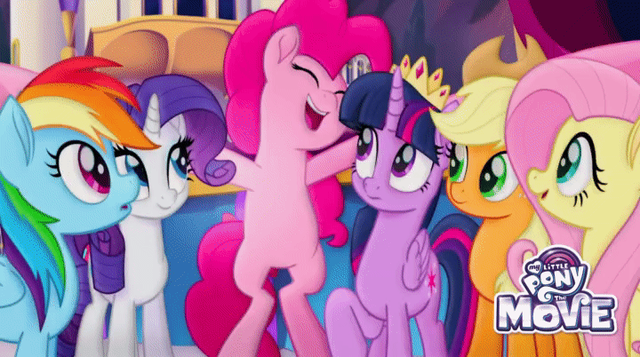 Size: 720x402 | Tagged: safe, screencap, character:applejack, character:fluttershy, character:pinkie pie, character:rainbow dash, character:rarity, character:twilight sparkle, character:twilight sparkle (alicorn), species:alicorn, species:pony, my little pony: the movie (2017), animated, canterlot, caption, crown, gang hape, group hug, hape, hug, image macro, jewelry, mane six, my little pony logo, my little pony: the movie logo, personal space invasion, regalia, ribbon, squishy cheeks, stage, text