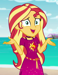 Size: 728x941 | Tagged: safe, screencap, character:sunset shimmer, equestria girls:spring breakdown, g4, my little pony:equestria girls, clothing, cropped, dress, geode of empathy, magical geodes, shrug, smiling, solo